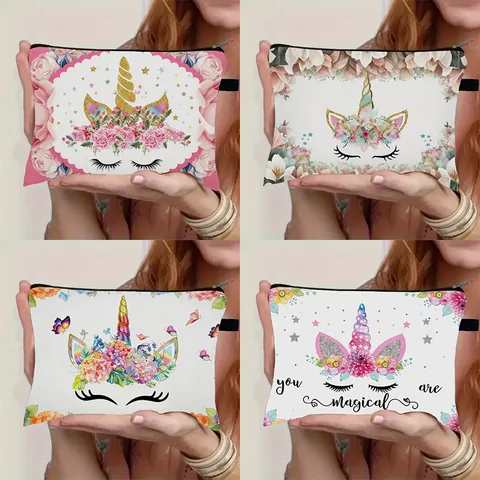 Beauty Case in Poliestere con Stampa Floreale di Unicorno a Grande Capacità Astuccio Portatile con Cerniera per Trucco e Cancelleria per Donna Ragazza Scuola Viaggio