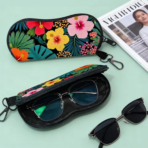 Custodia Porta Occhiali Portatile con Stampa Tropicale di Ibisco con Moschettone Astuccio Morbido in Feltro con Cerniera per Viaggi