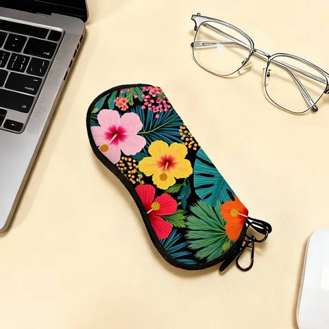 Custodia Porta Occhiali Portatile con Stampa Tropicale di Ibisco con Moschettone Astuccio Morbido in Feltro con Cerniera per Viaggi