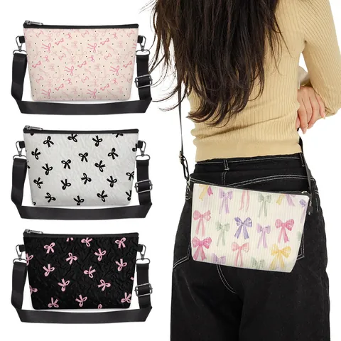 Women Bowknot Print Felt Shoulder Bag Fashion Mini Square Crossbody Bag With Adjustable Strap Water Repellent Handbag