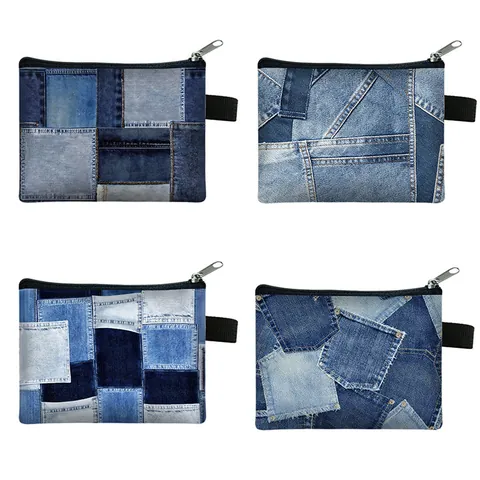 Mini Portable Coin Purse For Students Denim Print Patchwork Zipper Storage Bag For Cards Keys Small Water Resistant Polyester Wallet