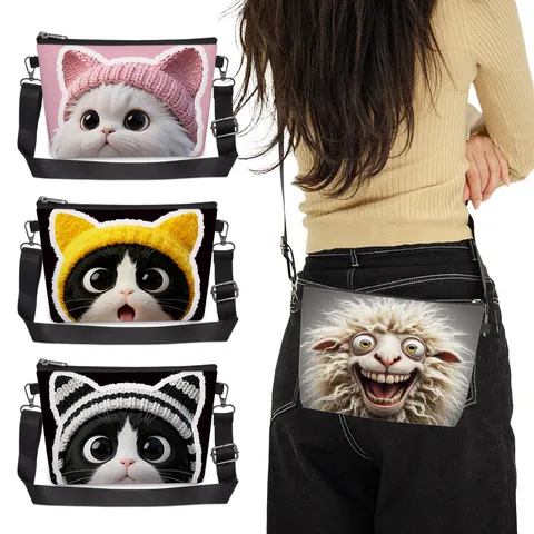 Cute Cartoon Cat Printed Women Crossbody Bag Felt Polyester Underarm Shoulder Bag With Adjustable Strap Casual Small Handbag