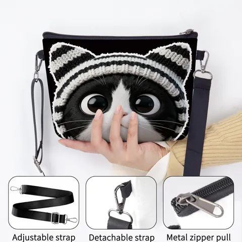Cute Cartoon Cat Printed Women Crossbody Bag Felt Polyester Underarm Shoulder Bag With Adjustable Strap Casual Small Handbag