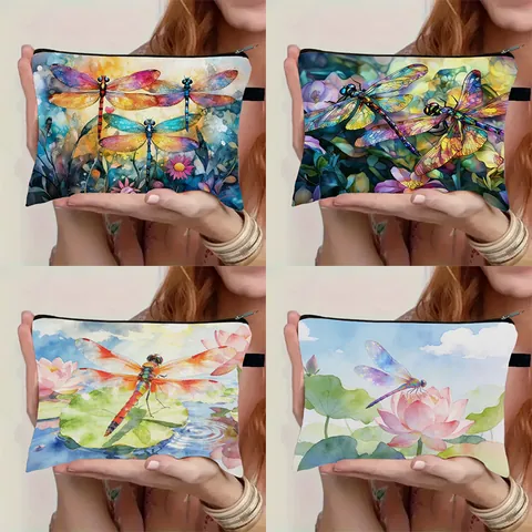 Bolsa de Cosméticos Estampada de Libélula y Flores de Acuarela Gran Capacidad Estuche Portátil Para Mujer Viaje Organizador