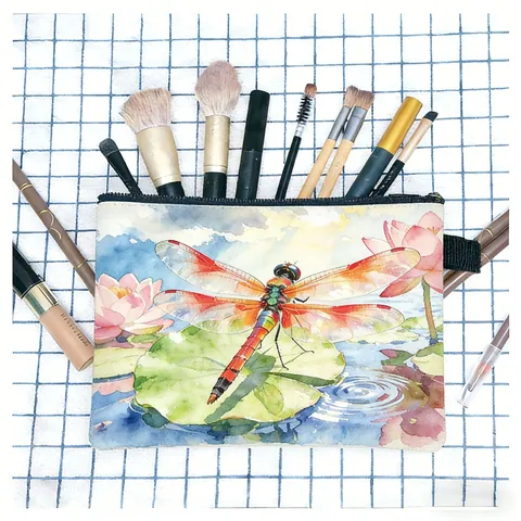 Bolsa de Cosméticos Estampada de Libélula y Flores de Acuarela Gran Capacidad Estuche Portátil Para Mujer Viaje Organizador
