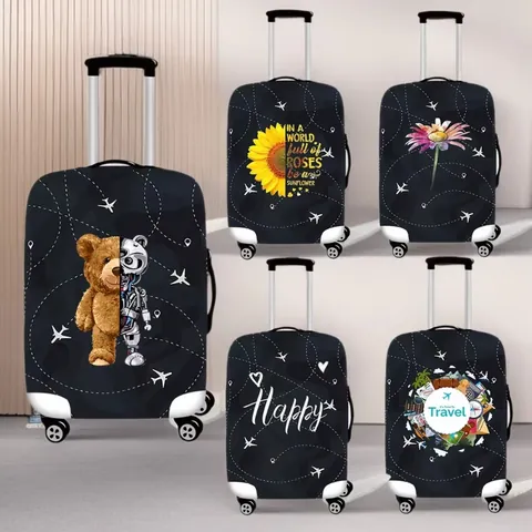 Elastic Luggage Cover Thick Stretch Dustproof Suitcase Protector Travel Bag Sleeve With Floral Airplane Print Pattern