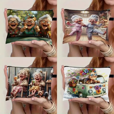 Borsa da Trucco Vintage Divertente con Stampa Vecchia Signora Grande Capacità in Poliestere Necessaire da Viaggio Doppia Faccia per Donna