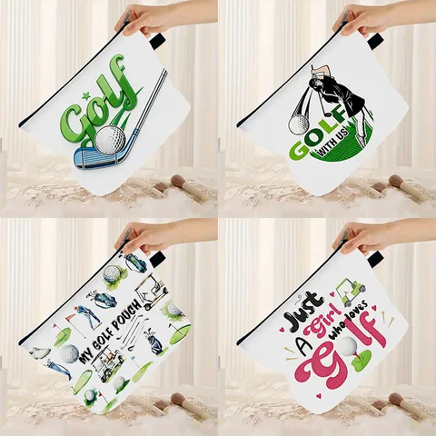 Large Capacity Golf Theme Makeup Bag Zipper Polyester Linen Cosmetic Pouch Travel Toiletry Storage Organizer For Women