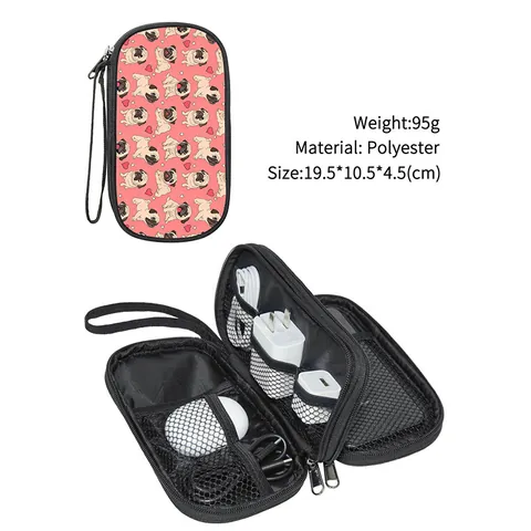 Luipaardprint Hart Patroon Polyester Elektronische Organizer Tas Draagbare Reis Opslag Tas Met Lanyard Ritssluiting Unisex