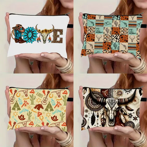 Bolsa de Maquillaje Estilo Occidental Impresión Cráneo de Toro Neceser Gran Capacidad Bohemio Organizador de Viaje para Mujer