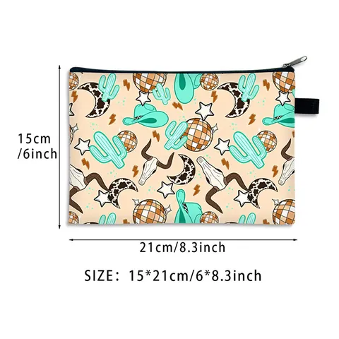 Bolsa de Maquillaje Estilo Occidental Impresión Cráneo de Toro Neceser Gran Capacidad Bohemio Organizador de Viaje para Mujer