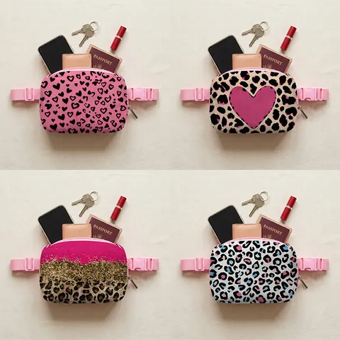 Fashion Women Leopard Heart Print Waist Bag Polyester Outdoor Sports Chest Bag Portable Adjustable Strap Phone Storage Pack