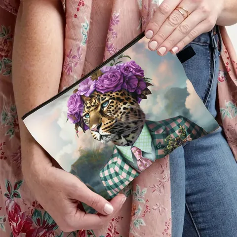 Borsa per Cosmetici con Stampa Leopardo Surrealista Moderna in Poliestere Lino Organizzatore Trucco Portatile da Viaggio Donna