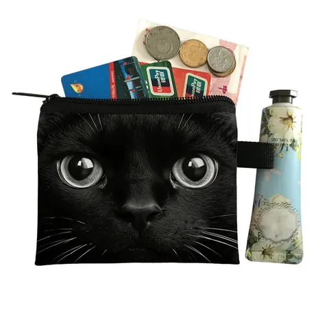Cute Cartoon Cat Print Mini Coin Purse For Women Kids Polyester Zipper Small Wallet Portable Key Card Storage Pouch Bag