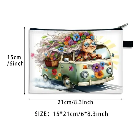 Borsa da Trucco Vintage Divertente con Stampa Vecchia Signora Grande Capacità in Poliestere Necessaire da Viaggio Doppia Faccia per Donna