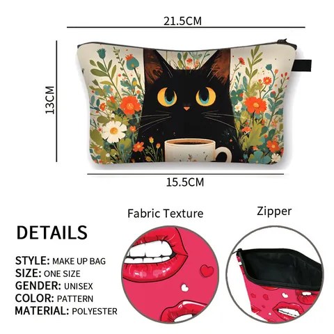 Neceser de Maquillaje de Gato Animado Artístico de Poliéster Bolsa de Aseo de Gran Capacidad de Viaje Portátil Con Mango de Cremallera Regalos Para Mujeres