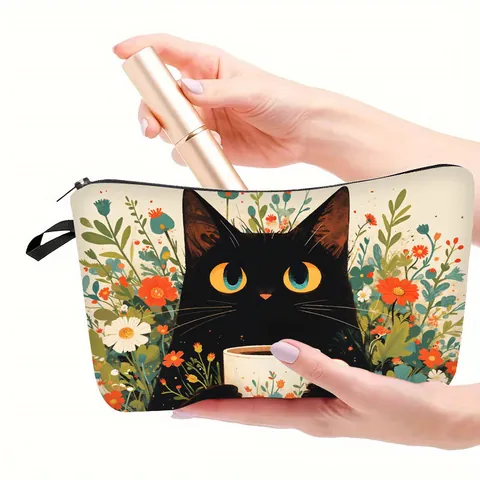 Neceser de Maquillaje de Gato Animado Artístico de Poliéster Bolsa de Aseo de Gran Capacidad de Viaje Portátil Con Mango de Cremallera Regalos Para Mujeres