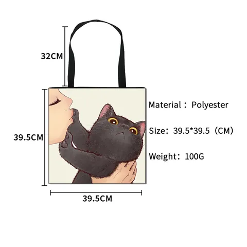 Women Large Capacity Polyester Tote Bag Artistic Cat Print Casual Shoulder Bag Student School Shopping Handbag