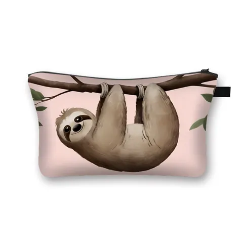 Cute Sloth Print Cosmetic Bag Double Sided Polyester Zipper Wash Bag Large Capacity Travel Storage Pouch For Women Daily Use