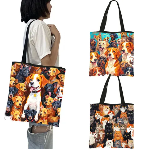 Bolso Tote de Poliéster para Mujer de Gran Capacidad Estampado Cartoon Perro Gato Oso Plegable Ecológico Bolso de Viaje