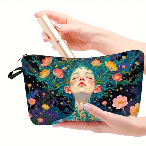 Artistic Flower Portrait Print Cosmetic Bag Large Capacity Polyester Portable Travel Makeup Toiletry Storage Pouch Women Handbag