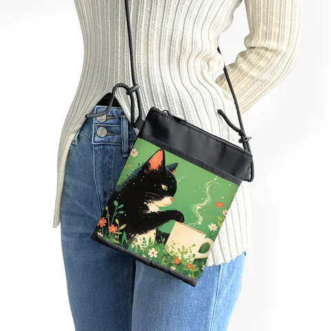 Mini Bolso de Bandolera de Poliéster con Estampado de Gato Negro Bolsa de Hombro Portátil para Mujeres Niños Casual Diario