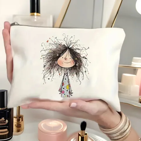 Borsa da Trucco Portatile da Donna in Poliestere con Stampa Cartone Animato Cerniera Astuccio Cosmetico Organizer da Viaggio