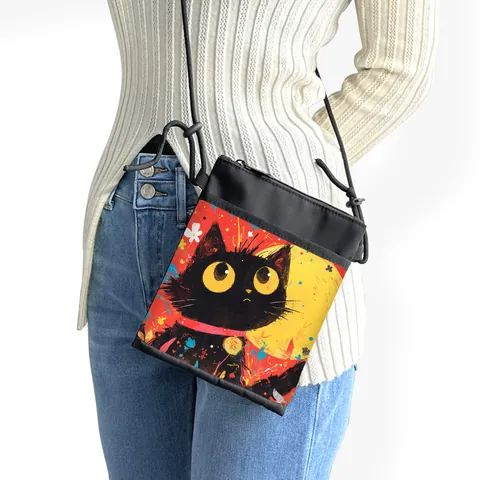 Mini Bolso de Bandolera de Poliéster con Estampado de Gato Negro Bolsa de Hombro Portátil para Mujeres Niños Casual Diario