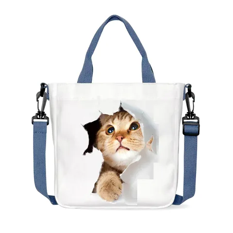 Damen Kreative 3D Katze Druck Segeltuch Tragetasche Süße Tiermuster Schulter Umhängetasche Mit Verstellbarem Riemen Für Schule Alltag