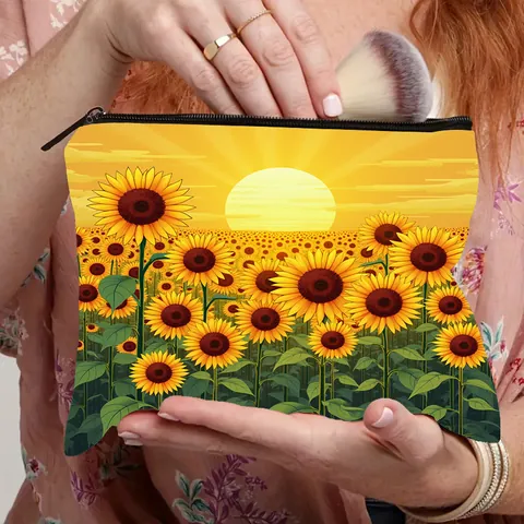 Borsa Trucco Donna Stampa Girasole Grande Capacità Poliestere Borsa Cosmetici Organizer da Viaggio Portatile Con Cerniera Uso Quotidiano
