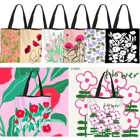 Women Large Capacity Floral Print Polyester Tote Bag Artistic Flower Pattern Shoulder Bag Casual Shopping Handbag