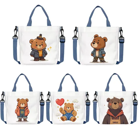 Simpatica Borsa Tote in Tela Con Stampa Orso Cartone Animato Borsa a Tracolla Multifunzionale Per Donna Uso Quotidiano Casual