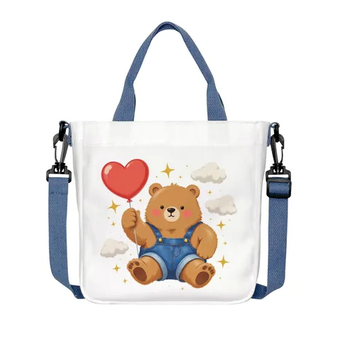 Simpatica Borsa Tote in Tela Con Stampa Orso Cartone Animato Borsa a Tracolla Multifunzionale Per Donna Uso Quotidiano Casual