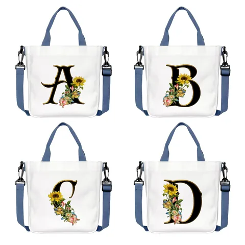 Sunflower Alphabet Canvas Tote Bag Adjustable Detachable Strap Large Capacity Floral Casual Handbag For Women Shopping