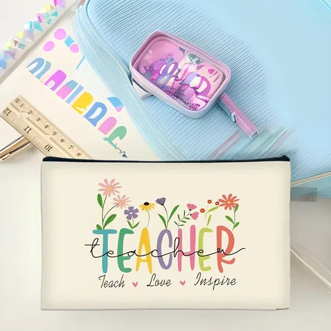 Teacher Appreciation Gift Polyester Cosmetic Bag Printed Makeup Pouch Zippered Stationery Organizer For Teachers Women