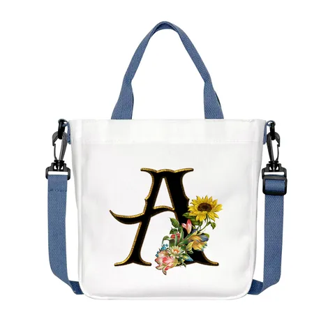 Sunflower Alphabet Canvas Tote Bag Adjustable Detachable Strap Large Capacity Floral Casual Handbag For Women Shopping