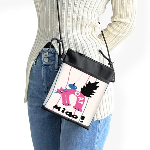 Women Cartoon Cat Mobile Phone Bag Polyester Printed Mini Crossbody Shoulder Bag Small Coin Purse Casual Travel Bag