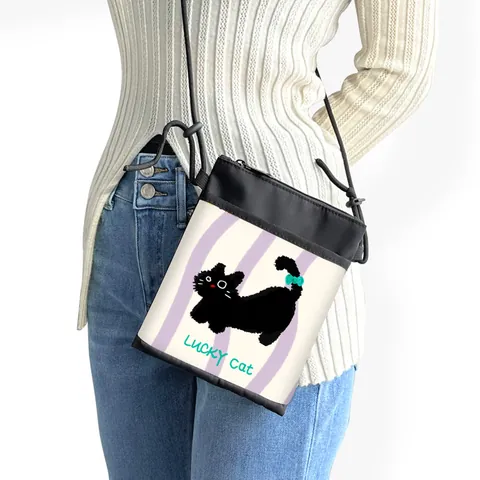 Women Cartoon Cat Mobile Phone Bag Polyester Printed Mini Crossbody Shoulder Bag Small Coin Purse Casual Travel Bag