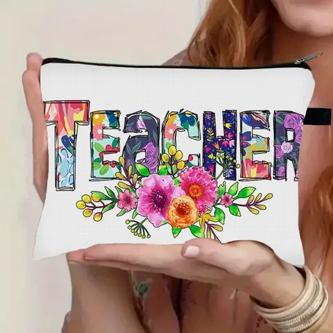 Floral Letter Printed Makeup Bag Polyester Large Capacity Cosmetic Pouch Portable Toiletry Organizer Handbag For Women Teacher Mom Gift