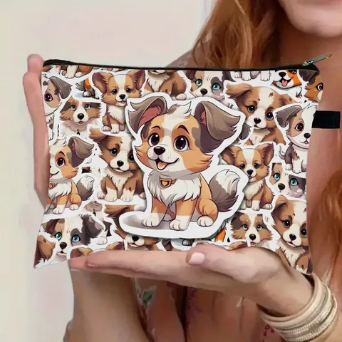 Large Capacity Cartoon Dog Print Makeup Bag Portable Polyester Toiletry Bag Women Cute Puppy Pattern Cosmetic Pouch Travel Organizer