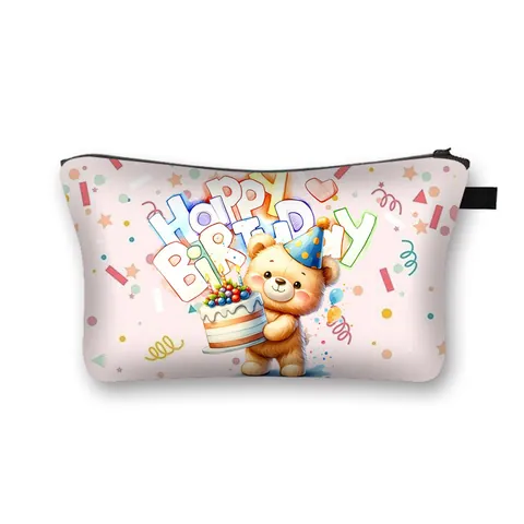 Large Capacity Portable Travel Makeup Bag Polyester Cute Birthday Bear Floral Print Cosmetic Storage Organizer Bag For Women