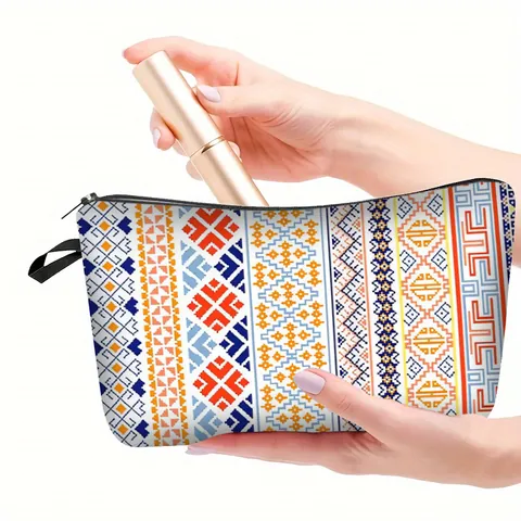 Vintage Ethnic Floral Geometric Makeup Bag Polyester Portable Toiletry Pouch Travel Cosmetic Storage Case Women Zipper Washbag