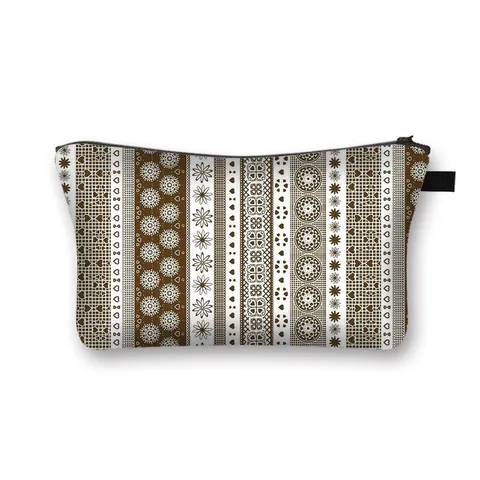 Vintage Ethnic Floral Geometric Makeup Bag Polyester Portable Toiletry Pouch Travel Cosmetic Storage Case Women Zipper Washbag