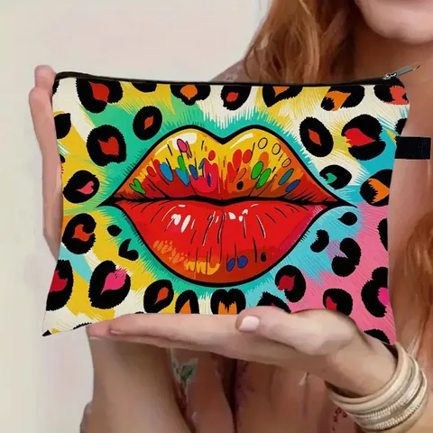 Leopard Print Lip Pattern Cosmetic Bag For Women Portable Polyester Travel Toiletry Bag Large Capacity Zipper Storage Pouch