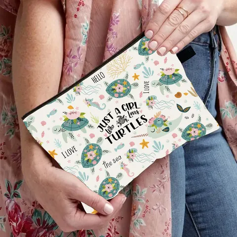 Bolsa de Maquillaje Portátil de Poliéster para Mujer con Estampado de Tortuga Marina Neceser de Viaje Plegable con Cremallera