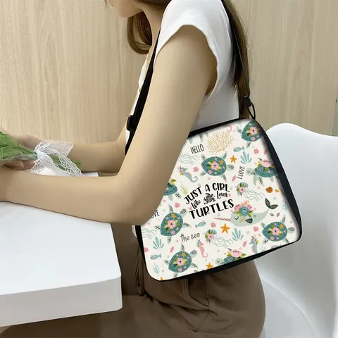 Sac Sous le Bras pour Femme Imprimé Tortue de Mer Mignonne Sac à Épaule en Polyester Mode Avec Bandoulière Réglable Motif Vie Marine Sac à Main Décontracté
