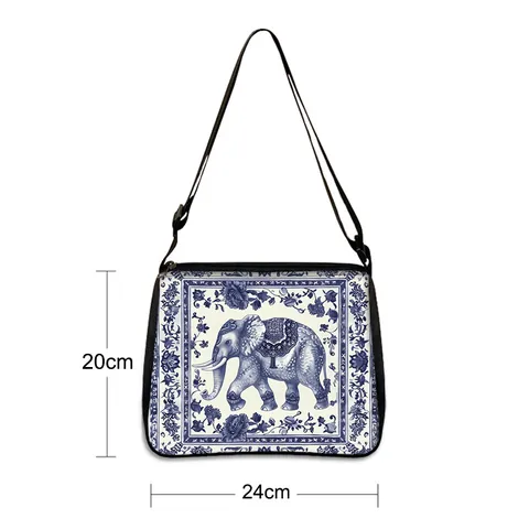Vintage Elephant Printed Women Crossbody Bag Blue And White Porcelain Style Polyester Shoulder Bag Artistic Floral Travel Purse