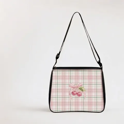 Vintage Gingham Plaid Polyester Umhängetasche Mit Fruchtdruck Für Damen Casual Daily Travel Messenger Bag