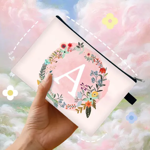 Polyester Floral Alphabet Print Makeup Bag Portable Women Zipper Toiletry Bag Travel Cosmetic Storage Pouch Organizer