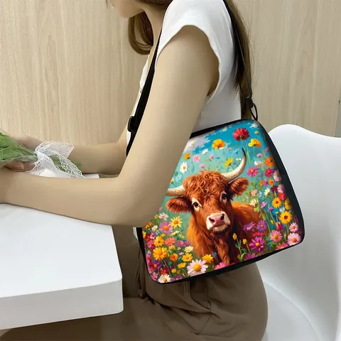 Sac Bandoulière en Polyester Pour Femmes Avec Imprimé Artistique de Vache des Highlands et Tournesol Bandoulière Réglable Pour Quotidien Et Voyage